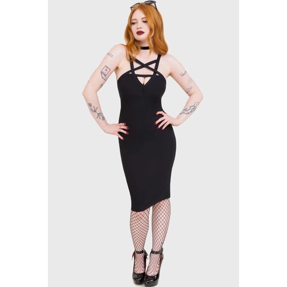 Killstar Dress M Betty Rage Pin Up Midi Strappy Stretchy Bodycon Black Goth NWT - Picture 4 of 6